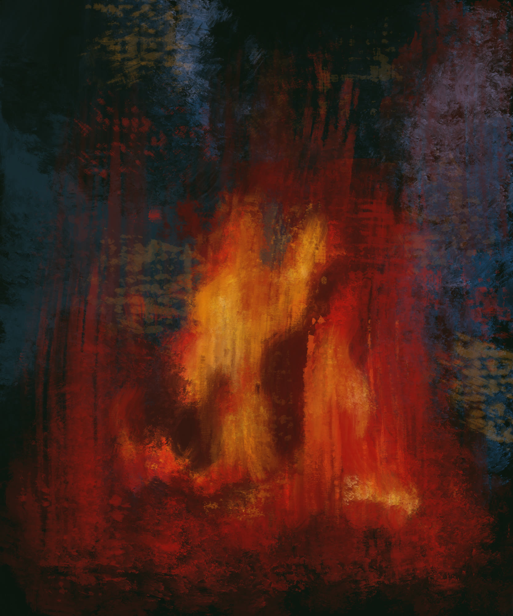 The fire painting at the center of the piece, inspired by the work of Stephanie Peters and her studies of wildfires