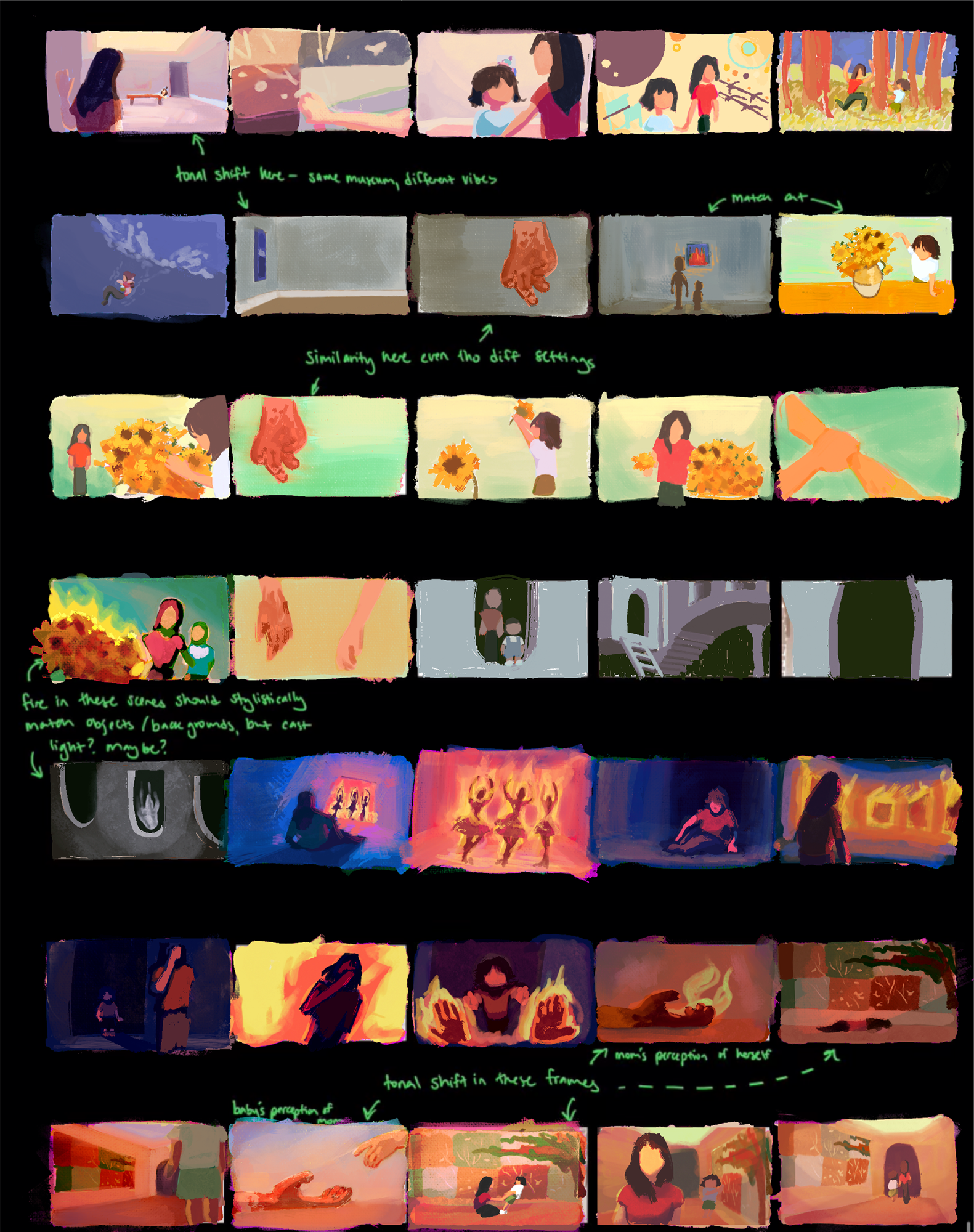 The initial color script for the film, created by Denisse Mari Aguilar